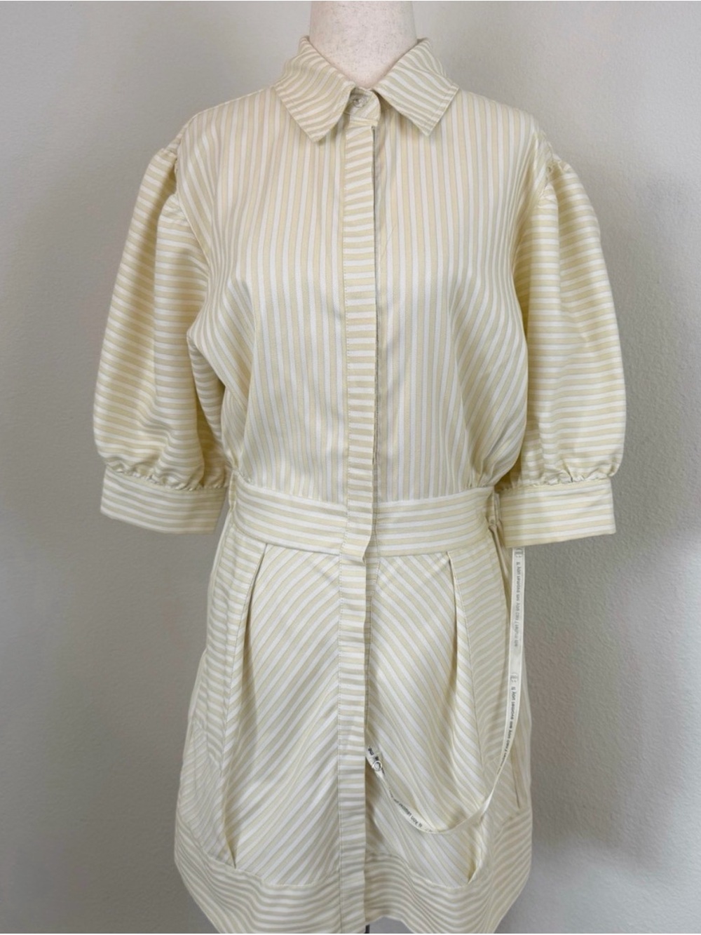 Vita Grace - Butter Yellow and Cream Striped Shirt Dress with Puff Sleeves